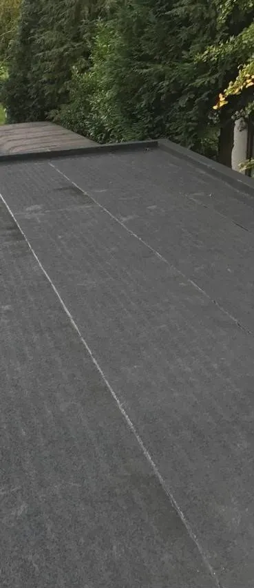 Plat dak met bitumineuze dakbedekking naast bomen en een tuin
